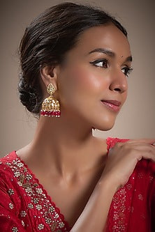 Gold Plated Kundan Polki & Ruby Beaded Jhumka Earrings