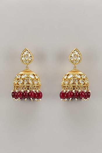 Gold Plated Kundan Polki & Ruby Beaded Jhumka Earrings