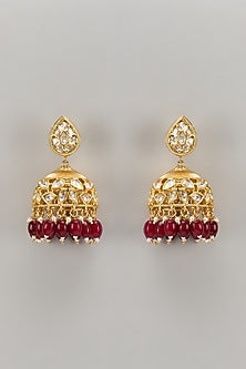 Gold Plated Kundan Polki & Ruby Beaded Jhumka Earrings