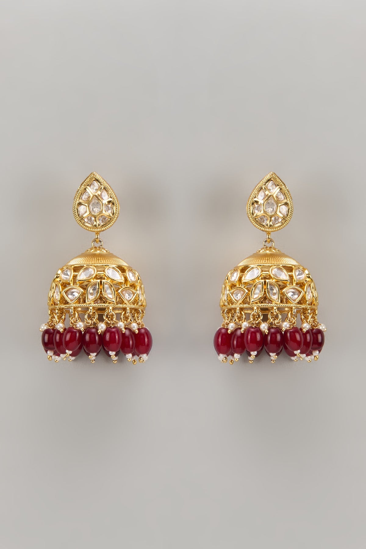 Gold Plated Kundan Polki & Ruby Beaded Jhumka Earrings
