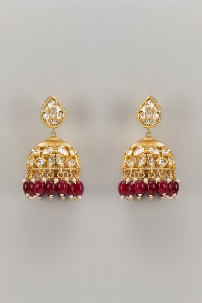 Gold Plated Kundan Polki & Ruby Beaded Jhumka Earrings