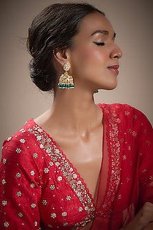 Gold Plated Kundan Polki & Emerald Beaded Jhumka Earrings