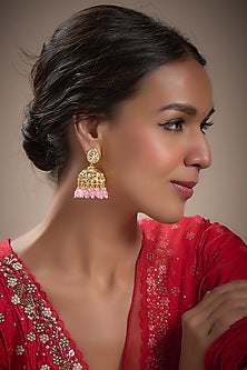 Gold Plated Kundan Polki & Pink Beaded Jhumka Earrings
