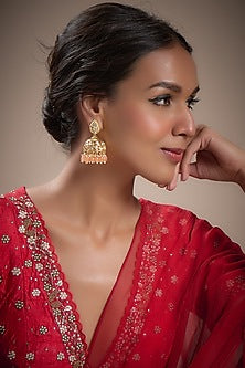 Gold Plated Kundan Polki & Peach Beaded Jhumka Earrings
