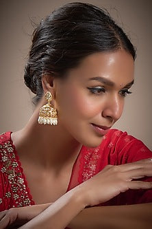 Gold Plated Kundan Polki & Pearl Jhumka Earrings