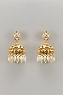 Gold Plated Kundan Polki & Pearl Jhumka Earrings