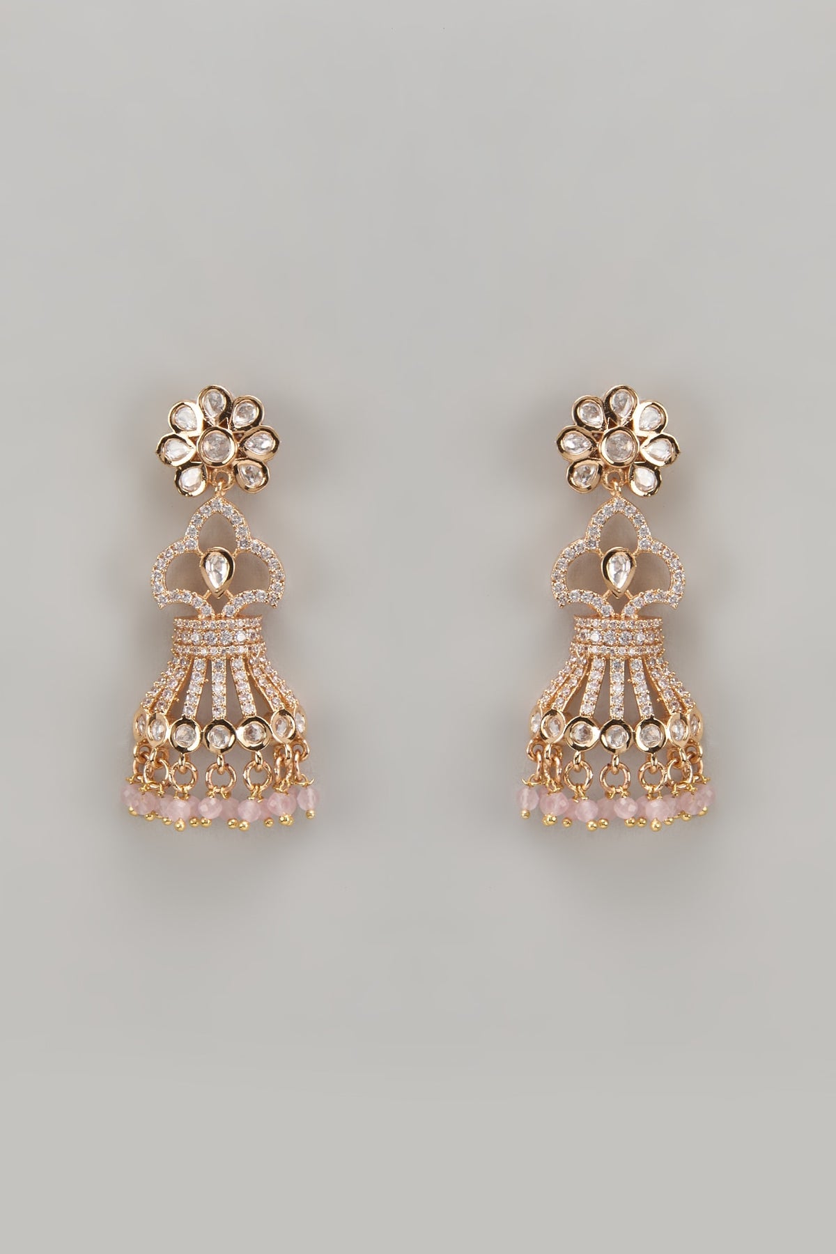 Gold Plated Kundan Polki & Pink Beaded Dangler Earrings
