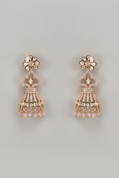 Gold Plated Kundan Polki & Pink Beaded Dangler Earrings
