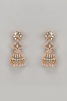 Gold Plated Kundan Polki & Pink Beaded Dangler Earrings