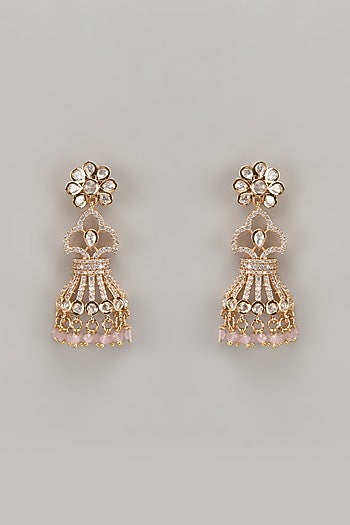 Gold Plated Kundan Polki & Pink Beaded Dangler Earrings