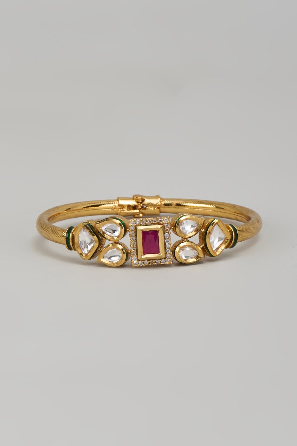 Gold Plated Kundan Polki & Synthetic Ruby Stone Meenakari Bracelet