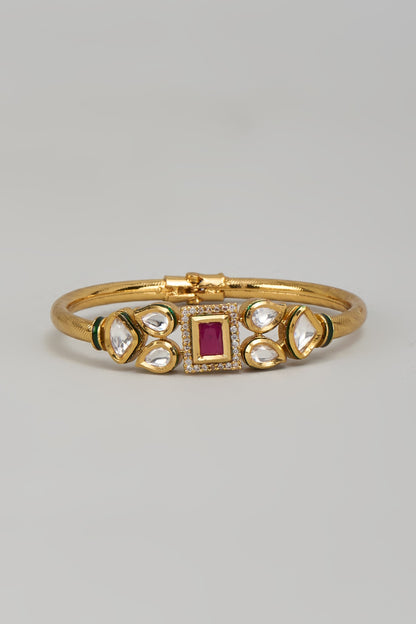 Gold Plated Kundan Polki & Synthetic Ruby Stone Meenakari Bracelet