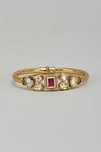 Gold Plated Kundan Polki & Synthetic Ruby Stone Meenakari Bracelet