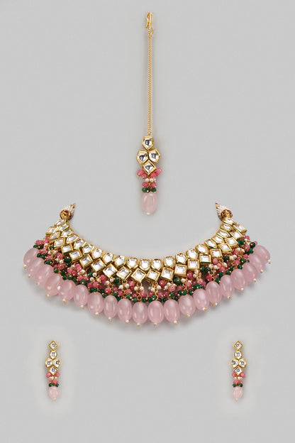 Gold Plated Kundan Polki & Beaded Necklace Set