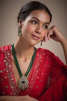 Gold Finish Emerald Beaded & Pearl Layered Necklace Set