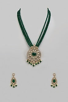 Gold Finish Emerald Beaded & Pearl Layered Necklace Set
