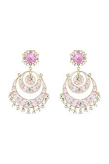 Pink Enamelled Chandbali Pearls Earrings