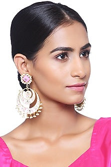 Pink Enamelled Chandbali Pearls Earrings