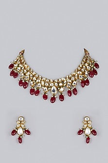 Gold Plated Kundan Polki & Agate Stone Necklace Set