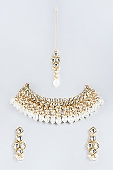 Gold Plated Pearl & Kundan Polki Necklace Set