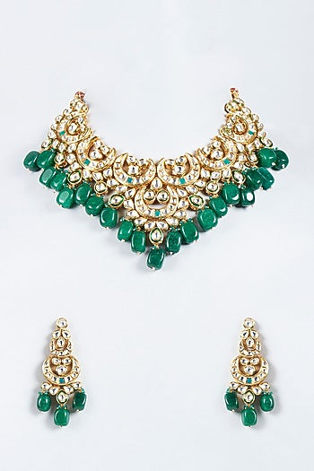 Gold Plated Agate & Emerald Beaded Necklace Set
