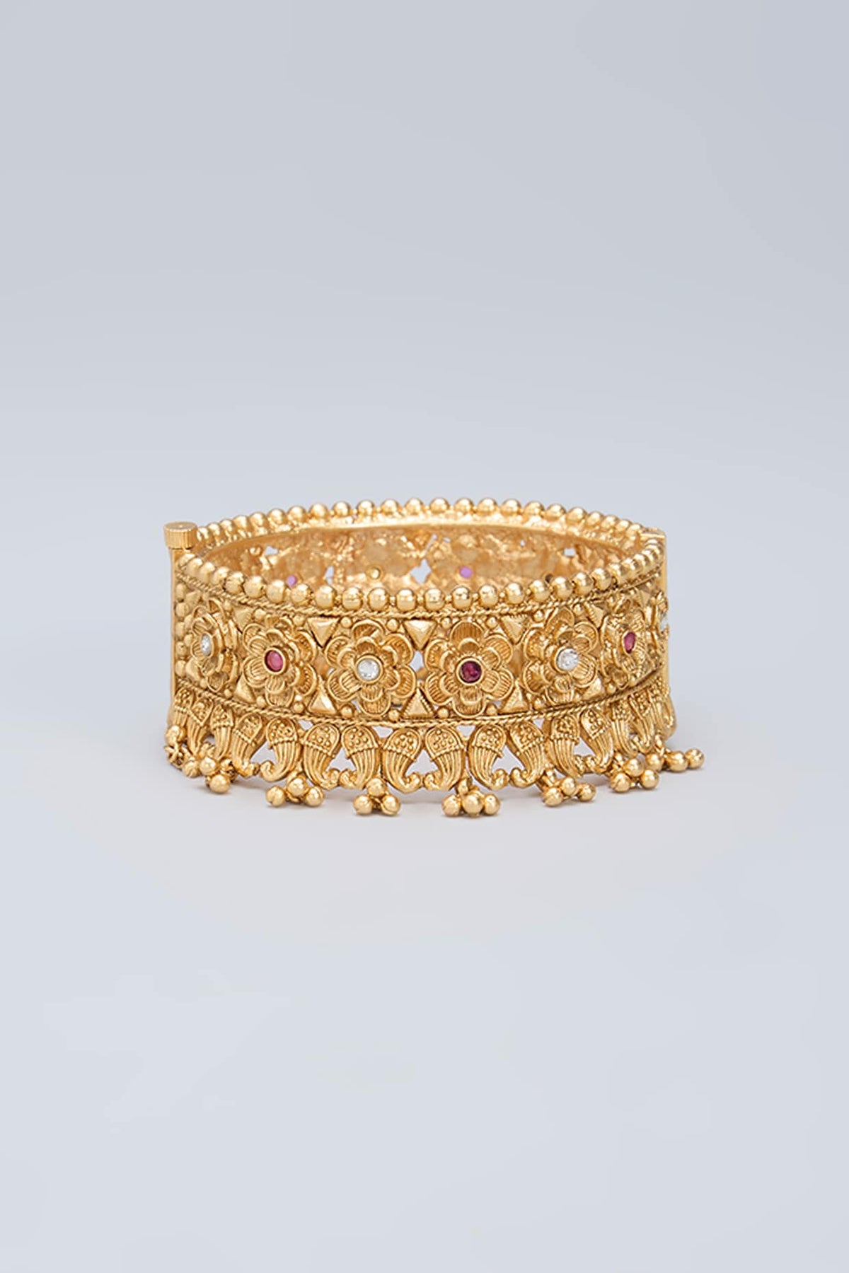 Gold Finish Ruby Kemp Stone & Beaded Kada
