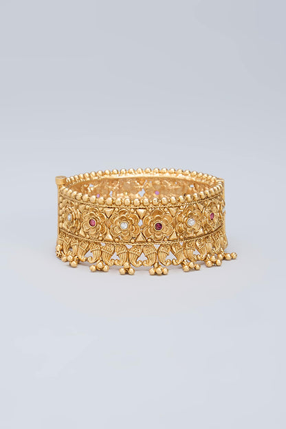 Gold Finish Ruby Kemp Stone & Beaded Kada