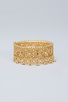 Gold Finish Ruby Kemp Stone & Beaded Kada