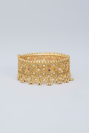 Gold Finish Ruby Kemp Stone & Beaded Kada
