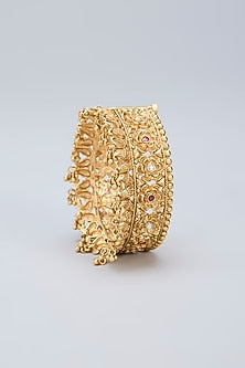 Gold Finish Ruby Kemp Stone & Beaded Kada