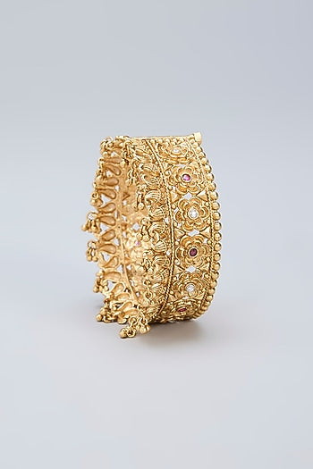 Gold Finish Ruby Kemp Stone & Beaded Kada