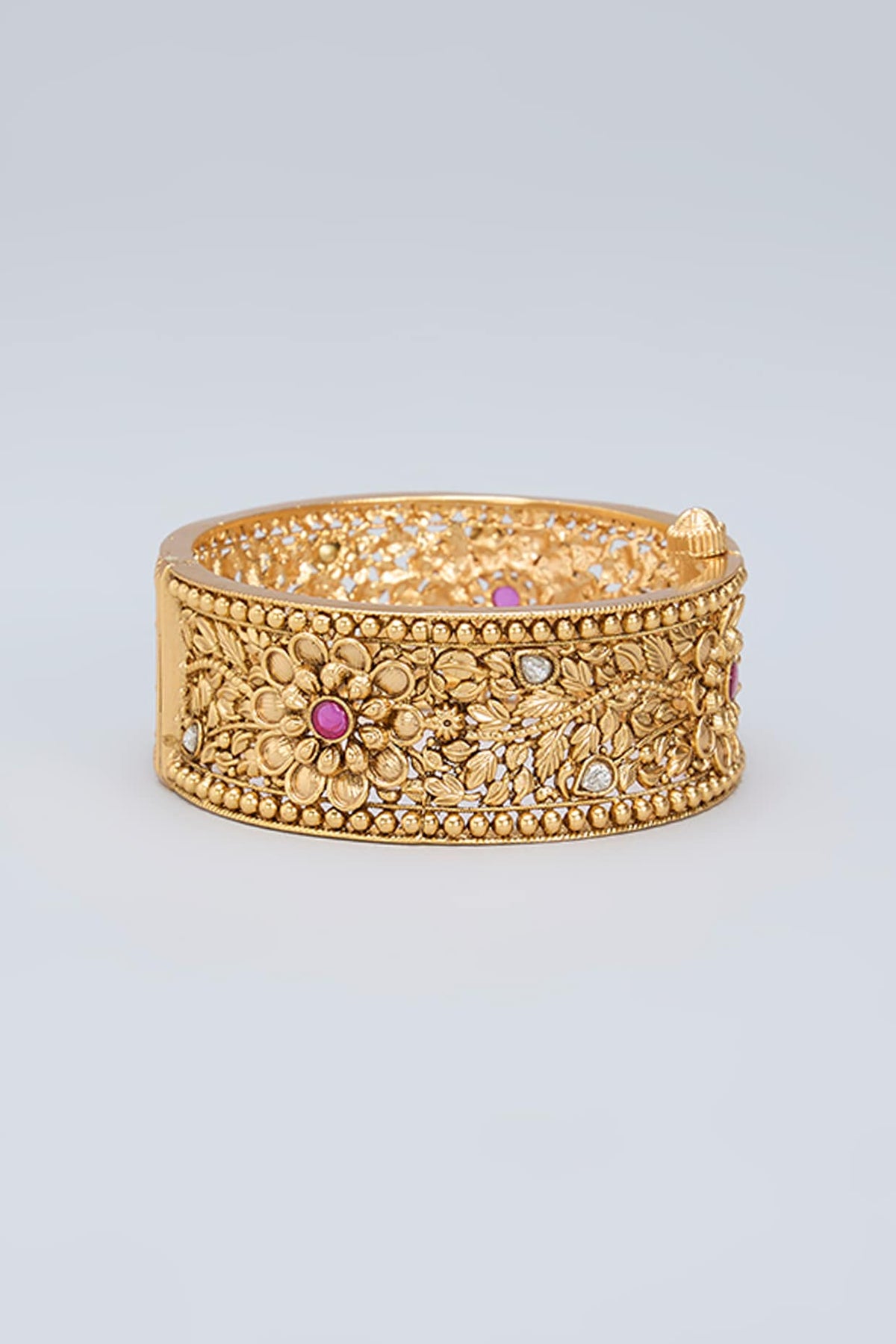 Gold Finish Pink Kemp Stone Floral Kada