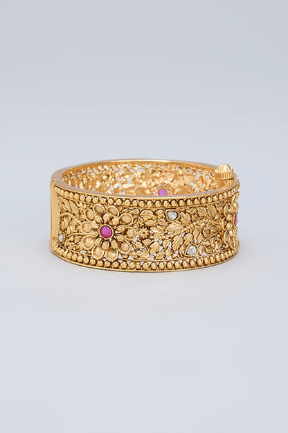 Gold Finish Pink Kemp Stone Floral Kada
