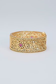 Gold Finish Pink Kemp Stone Floral Kada
