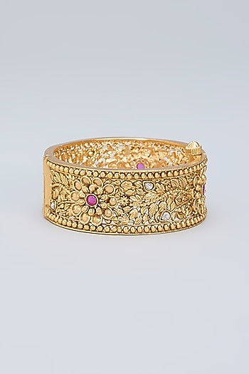 Gold Finish Pink Kemp Stone Floral Kada
