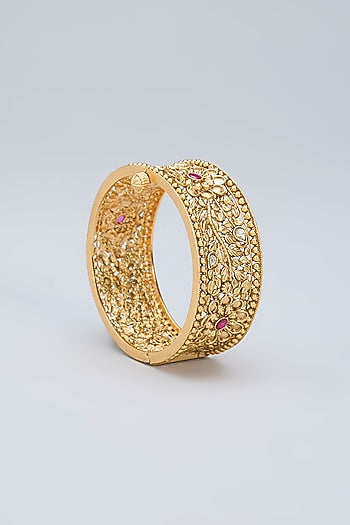Gold Finish Pink Kemp Stone Floral Kada