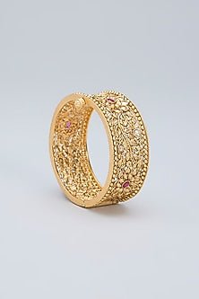Gold Finish Pink Kemp Stone Floral Kada