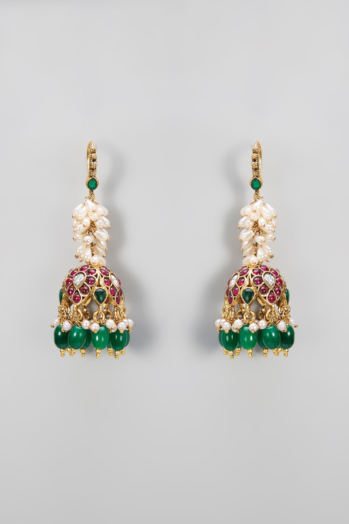 Gold Plated Kundan Polki & Emerald Stone Jhumka Earrings