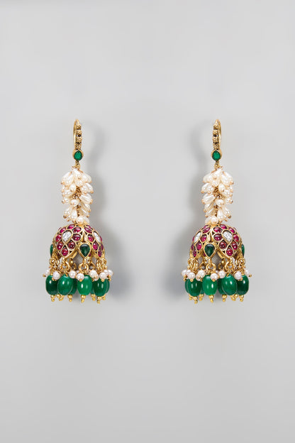 Gold Plated Kundan Polki & Emerald Stone Jhumka Earrings