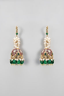 Gold Plated Kundan Polki & Emerald Stone Jhumka Earrings