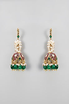 Gold Plated Kundan Polki & Emerald Stone Jhumka Earrings