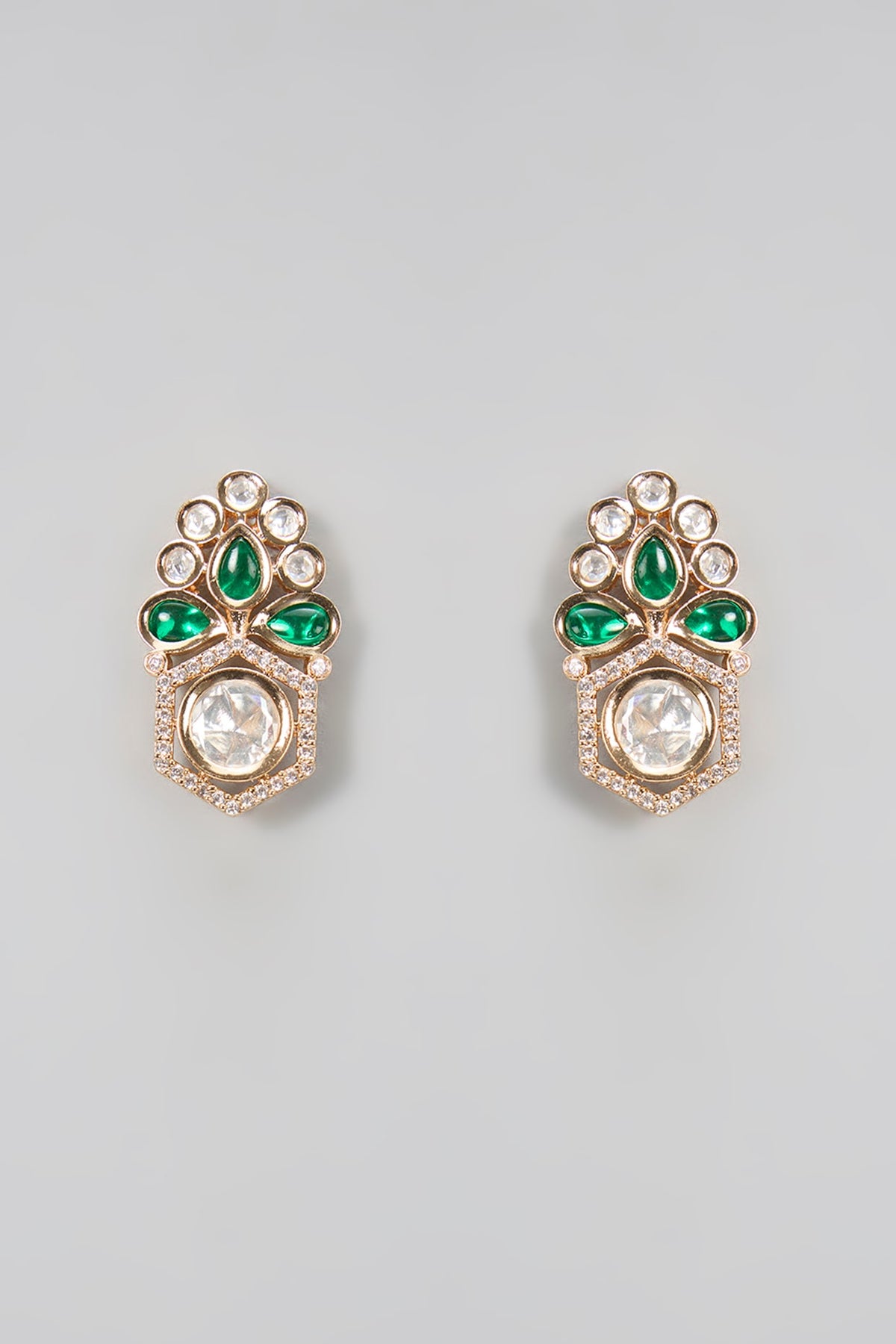 Gold Plated Kundan Polki & Emerald Stone Dangler Earrings