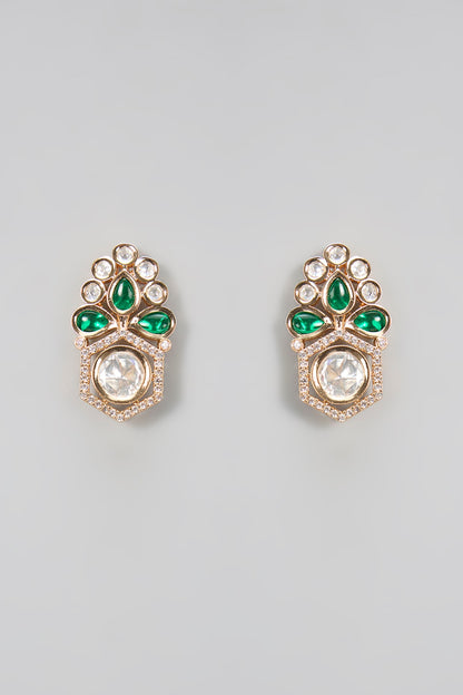 Gold Plated Kundan Polki & Emerald Stone Dangler Earrings