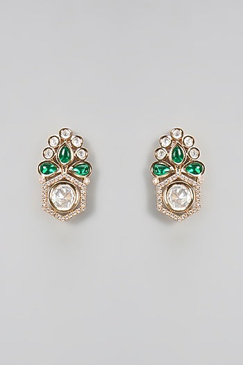 Gold Plated Kundan Polki & Emerald Stone Dangler Earrings