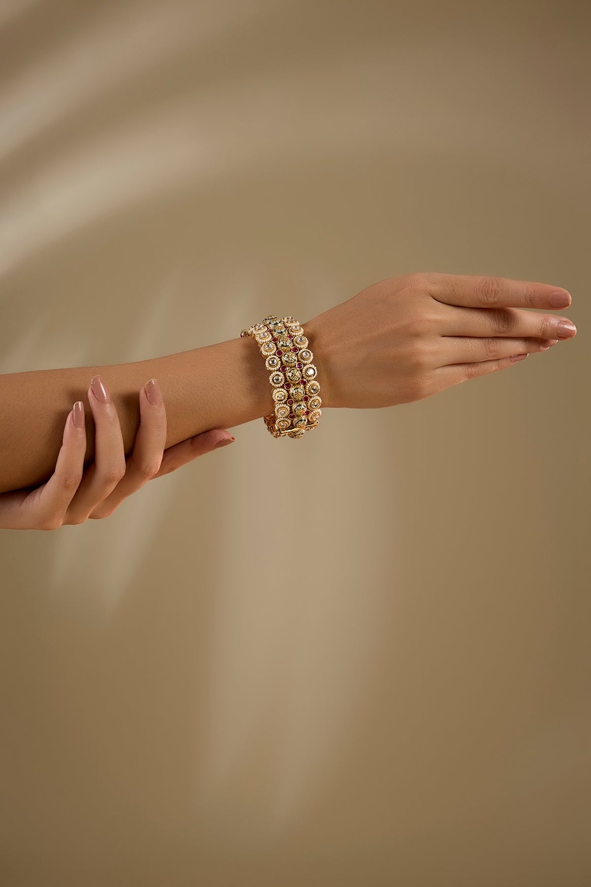 Gold Finish Pink Stone & Pearl Kada