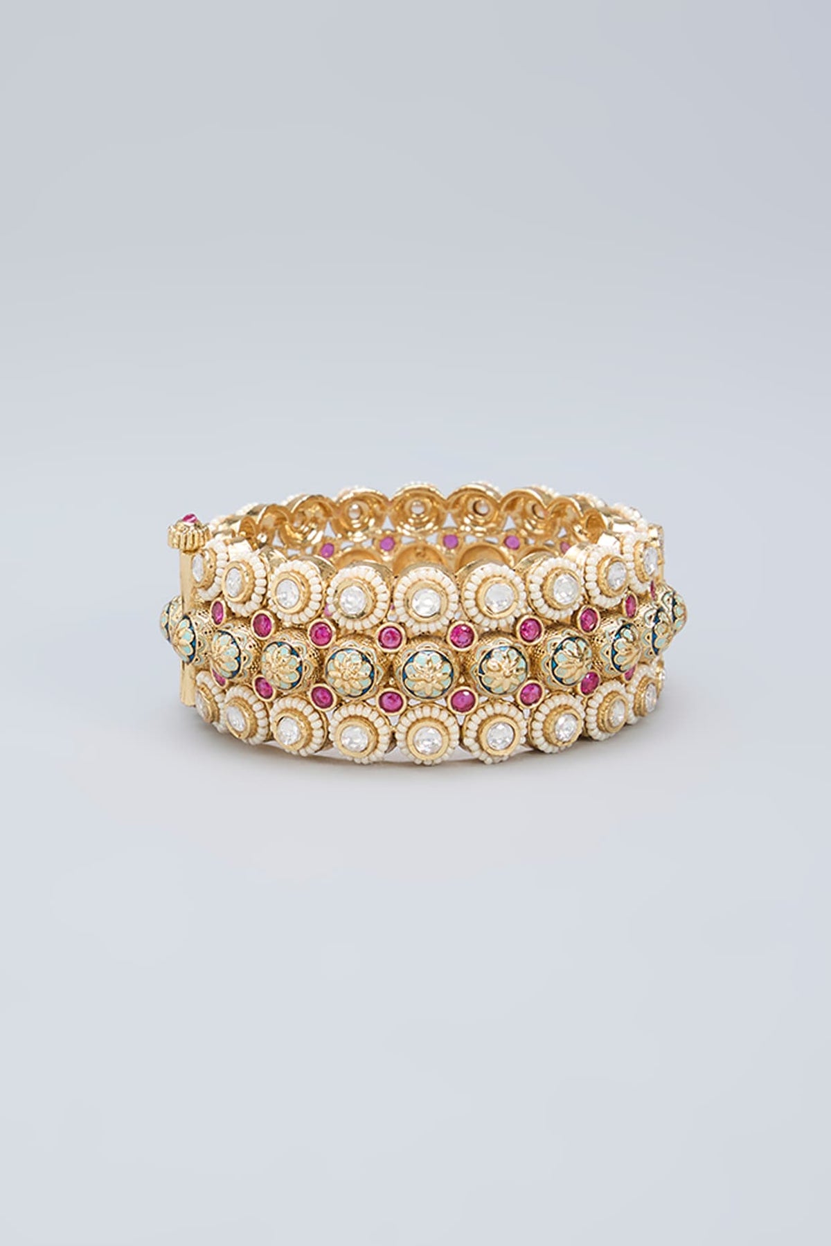 Gold Finish Pink Stone & Pearl Kada