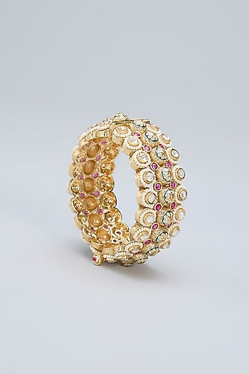 Gold Finish Pink Stone & Pearl Kada