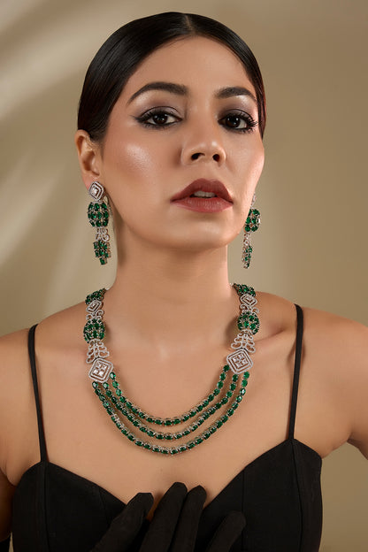 White Gold Finish Green Cubic Zirconia Layered Necklace Set