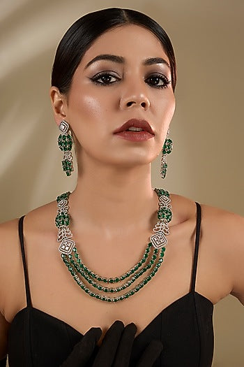 White Gold Finish Green Cubic Zirconia Layered Necklace Set