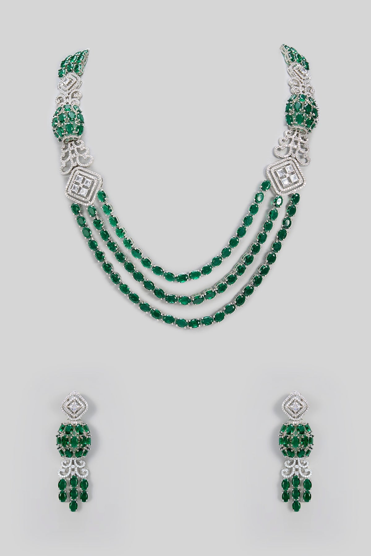White Gold Finish Green Cubic Zirconia Layered Necklace Set